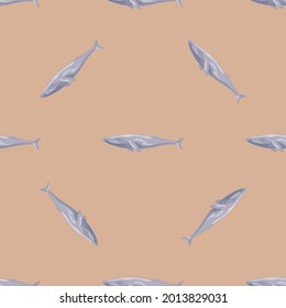 Seamless pattern Fin whale on yellow background. Template of cartoon character of ocean for fabric.Repeated diagonal geometric texture with marine cetacean.Design for any purposes.Vector illustration