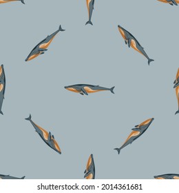 Seamless pattern Fin whale on gray background. Template of cartoon character of ocean for fabric.Repeated diagonal geometric texture with marine cetacean.Design for any purposes.Vector illustration