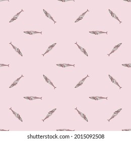 Seamless pattern Fin whale on pink background. Template of cartoon character of ocean for fabric.Repeated diagonal geometric texture with marine cetacean.Design for any purposes.Vector illustration