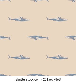 Seamless pattern Fin whale on beige background. Template of cartoon character of ocean for fabric.Repeated geometric inverted texture with marine cetacean.Design for any purposes.Vector illustration