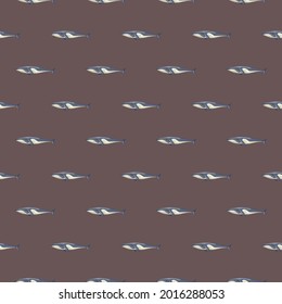 Seamless pattern Fin whale on brown background. Template of cartoon character of ocean for fabric.Repeated small geometric texture with marine cetacean.Design for any purposes.Vector illustration