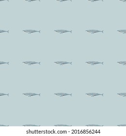 Seamless pattern Fin whale on blue background. Template of cartoon character of ocean for fabric.Repeated small geometric texture with marine cetacean.Design for any purposes.Vector illustration