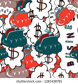 Seamless pattern finance pattern. Seamless with dollars and bitcoin on red, blue and white background. Vector illustration. Use for logos, print products.