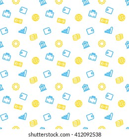patrón transparente con iconos financieros, azul y amarillo en blanco , ilustración vectorial