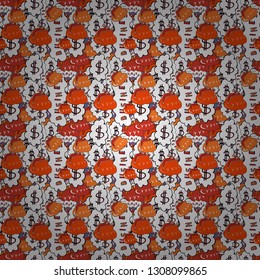 Seamless pattern finance pattern. Use for logos, print products. Vector illustration. Seamless with dollars and bitcoin on white and orange background.