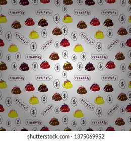 Seamless pattern finance pattern. Use for logos, print products. Vector illustration. Seamless with dollars and bitcoin on yellow, white and brown background.