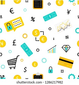 Seamless pattern with financial icons. Shopping and banking. Modern flat vector symbols for web design. Cash, credit card, coins. Money. Banking app. 