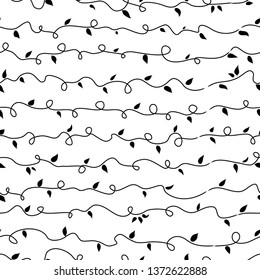 Seamless pattern with fine lines, loops and leafs. Hand drawn vector illustration thread or rope. Perfect for fabric, wallpaper or gift-wrap - Vector 