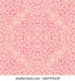 Seamless pattern with fine lines twirled in a spiral. Ornament in the style of openwork carving. 
Picture for wallpaper or fabric.