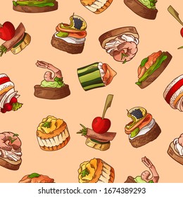 Seamless pattern with finger food. Sketch style repeated background. Bruschetta, sandwich, canapes and tapas. Vector illustration