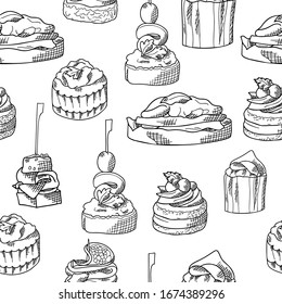 Seamless pattern with finger food. Sketch style repeated background. Bruschetta, sandwich, canapes and tapas. Vector illustration