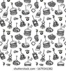 Seamless pattern with finger food. Sketch style repeated background. Sandwich, canapes, bruschetta and tapas. Vector illustration