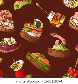 Seamless pattern with finger food. Sketch style repeated background. Bruschetta, sandwich, canapes and tapas. Vector illustration.