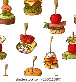 Seamless pattern with finger food. Sketch style repeated background. Bruschetta, sandwich, canapes and tapas. Vector illustration.