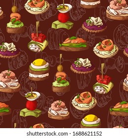 Seamless pattern with finger food. Sketch style repeated background. Bruschetta, sandwich, canapes and tapas. Vector illustration.