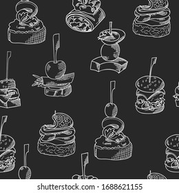 Seamless pattern with finger food. Sketch style repeated background. Bruschetta, sandwich, canapes and tapas. Vector illustration.