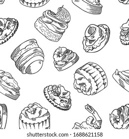Seamless pattern with finger food. Sketch style repeated background. Bruschetta, sandwich, canapes and tapas. Vector illustration.