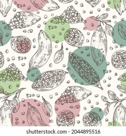 Seamless pattern with finger lime: finger lime fruits, lime caviar and slice. Citrus australasica. Vector hand drawn illustration.