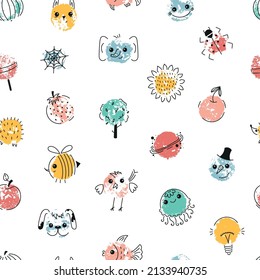 Seamless Pattern of Fingerprint Art Ideas for Kids. Colorful Paint Drawing Childish background. Doodle Various items and animals. Vector illustration