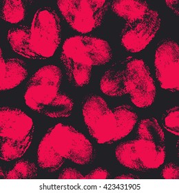 Seamless pattern with fingerprint hearts. Hand drawn shapes with rough edges. Trendy texture. Endless stylish backdrop. Pink thumbprints on black background. Fabric, wallpaper, wrapping