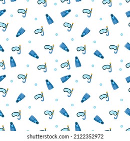 Seamless pattern with fins and a mask for breathing underwater on a white background. Vector illustration in a minimalistic flat style, hand drawn. Marine print for textiles, print design, postcards