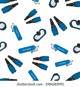 Seamless pattern with fins, masks and oxygen cylinders. Good for postcards, murals, backgrounds, and fabrics. Vector illustration.