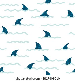 Seamless pattern with fins of sharks in cartoon style. Comic sharks emotions. Background with funny sea colors for children's room design, textiles, Wallpaper, digital paper. Vector illustration