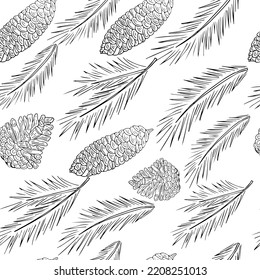 Seamless pattern fir branch, pine and pine cones, Christmas New Year decor. Contour hand drawing, vector.
