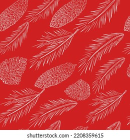 Seamless pattern fir branch, pine and pine cones, Christmas New Year decor. Contour hand drawing, vector.