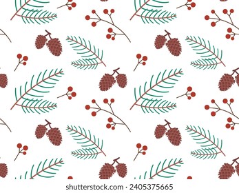 Seamless pattern with fir branch, pine cones and branch with red berries. Vector illustration for background, wrapping paper, textile, t-shirts.