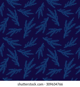 Seamless pattern of fir branches in blue. Vector.
