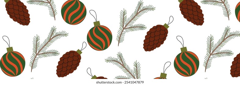 Padrão perfeito de galhos de abeto e brinquedos de árvore de Natal. ilustração legal.