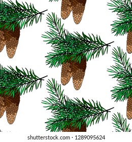 seamless pattern with fir branches and cones