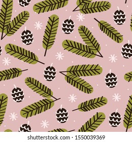 Seamless pattern with fir branches and cones. Christmas and New Year background. Vector illustration.