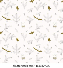 Seamless pattern with fir branches and cones, forest bird, owl. Cute cartoon children drawing.