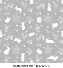 Seamless pattern with fir branches and cones, forest white rabbits. Cute cartoon children drawing.