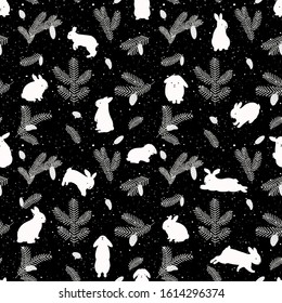 Seamless pattern with fir branches and cones, forest white rabbits. Cute cartoon children drawing.