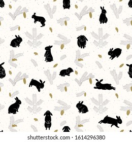 Seamless pattern with fir branches and cones, forest black rabbits. Cute cartoon children drawing.