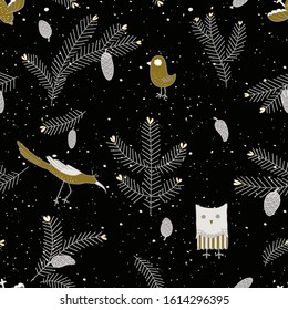 Seamless pattern with fir branches and cones, forest bird, owl. Cute cartoon children drawing.