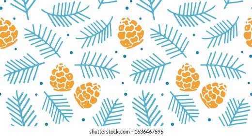 Seamless pattern of fir branches and cones. Yellow and blue object on a white background.