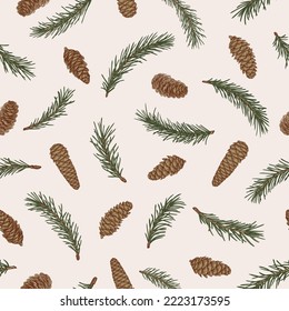 Seamless pattern with fir branches and  cones. Winter Christmas background. Botanical ornament for packaging, textiles, wallpaper. Vector vintage illustration. Colorful. Sketch. 