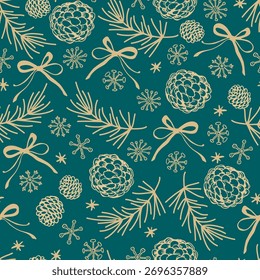 Seamless Pattern with Fir Branches, Cones and Snowflakes. Xmas Background Vector. Winter Wallpaper Design with Hand Draw Leaves Branch. Xmas Botanical Pattern, Fabric and Gift Paper Texture Design.	