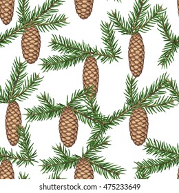 Seamless pattern with fir branches and cones. Detailed vintage illustration.