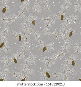 Seamless pattern of fir branches, conifer and cones.