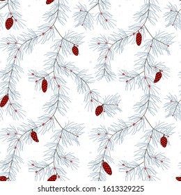 Seamless pattern of fir branches, conifer and cones. White, blue and red colors.