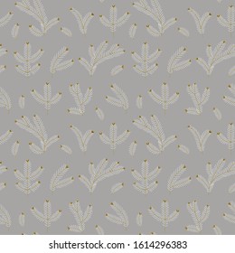 Seamless pattern of fir branches, conifer and cones.