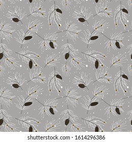 Seamless pattern of fir branches, conifer and cones.