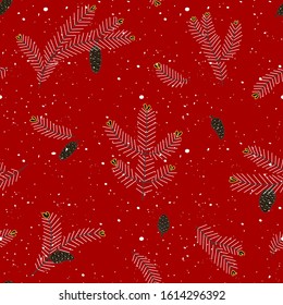 Seamless pattern of fir branches, conifer and cones. Bright red background.