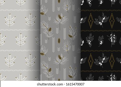 Seamless pattern of fir branches, conifer, cones and ethnic patterns. Set of three winter holiday backgrounds.