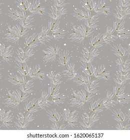 Seamless pattern of fir branches, conifer and cones.